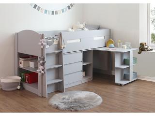 Grey Billy Kids Mid Sleeper,Wood Bunk Bed Frame,Desk,Drawers,Shelf Storage
